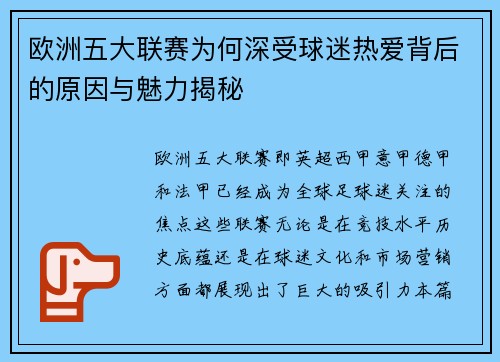 欧洲五大联赛为何深受球迷热爱背后的原因与魅力揭秘